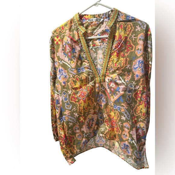 Zara Tops - Zara boho printed blouse khaki size XL